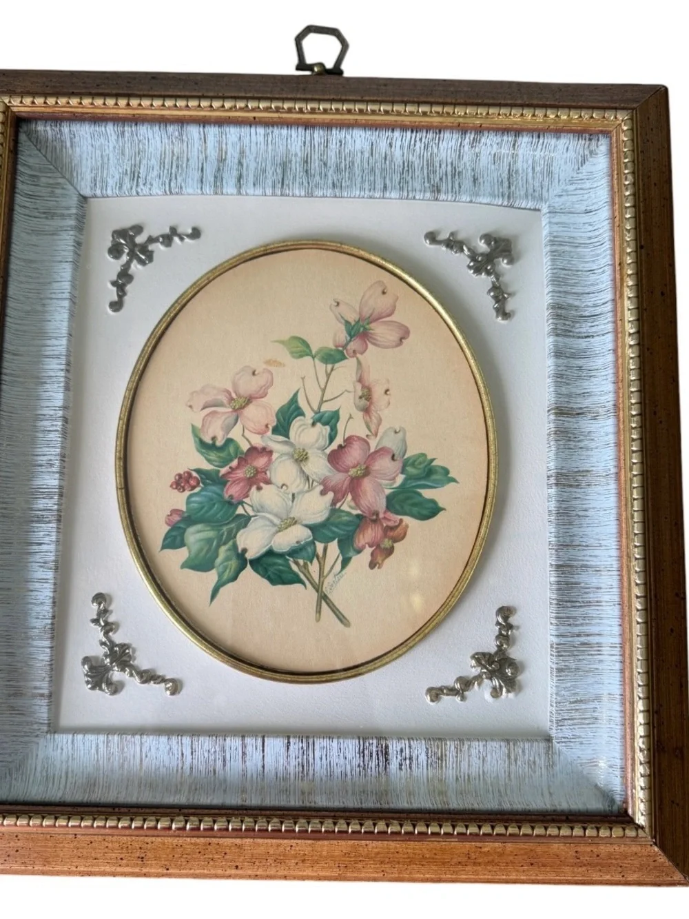 Vtg E. Serton Set Of 2 Floral Shadow Box Art Print Gold Emblems Framed Pictures